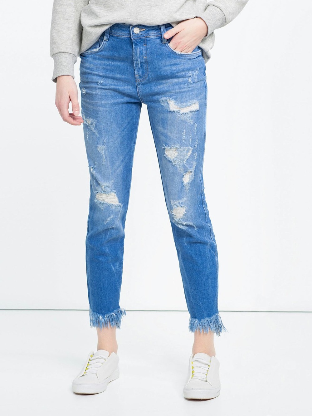 Distressed High-Rise Slim Jeans in Blue
